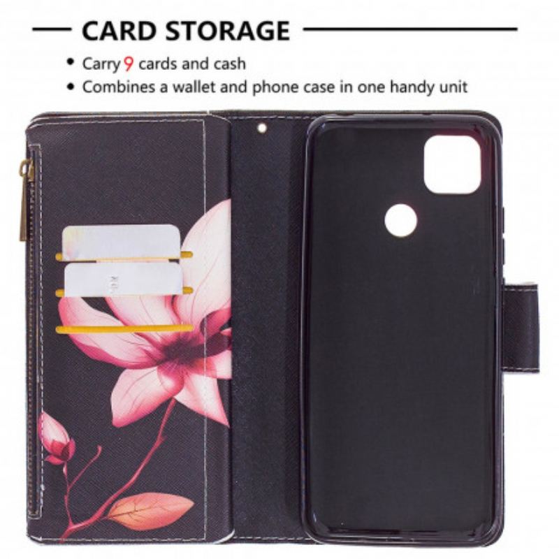 Capa Flip Para Xiaomi Redmi 9C Bolso Com Zíper Flor