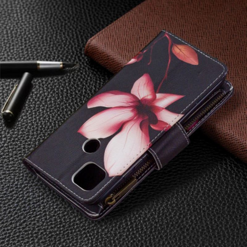 Capa Flip Para Xiaomi Redmi 9C Bolso Com Zíper Flor