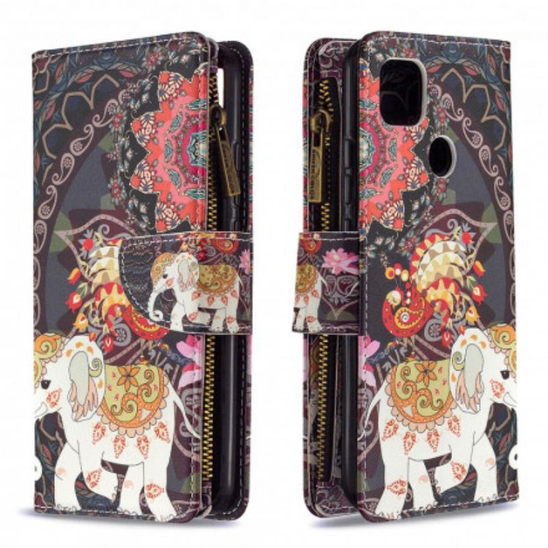 Capa Flip Para Xiaomi Redmi 9C Bolso Elefante Com Zíper