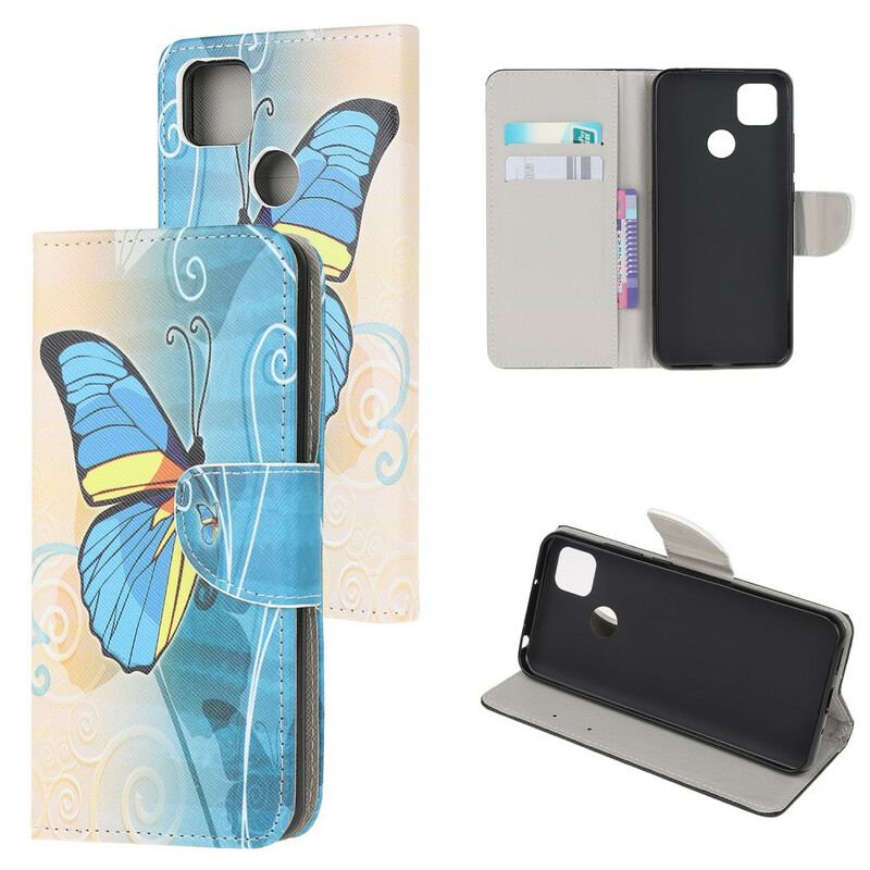 Capa Flip Para Xiaomi Redmi 9C Borboleta Azul E Amarela