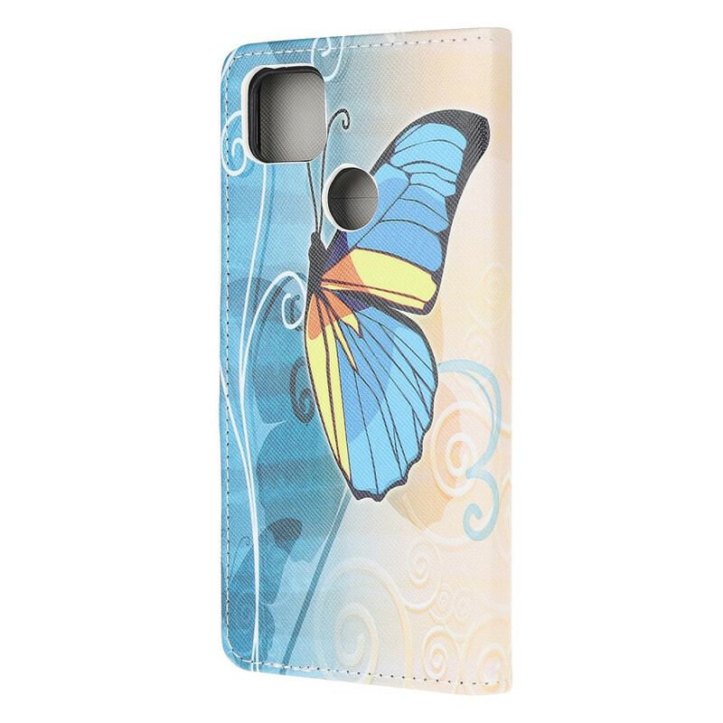 Capa Flip Para Xiaomi Redmi 9C Borboleta Azul E Amarela