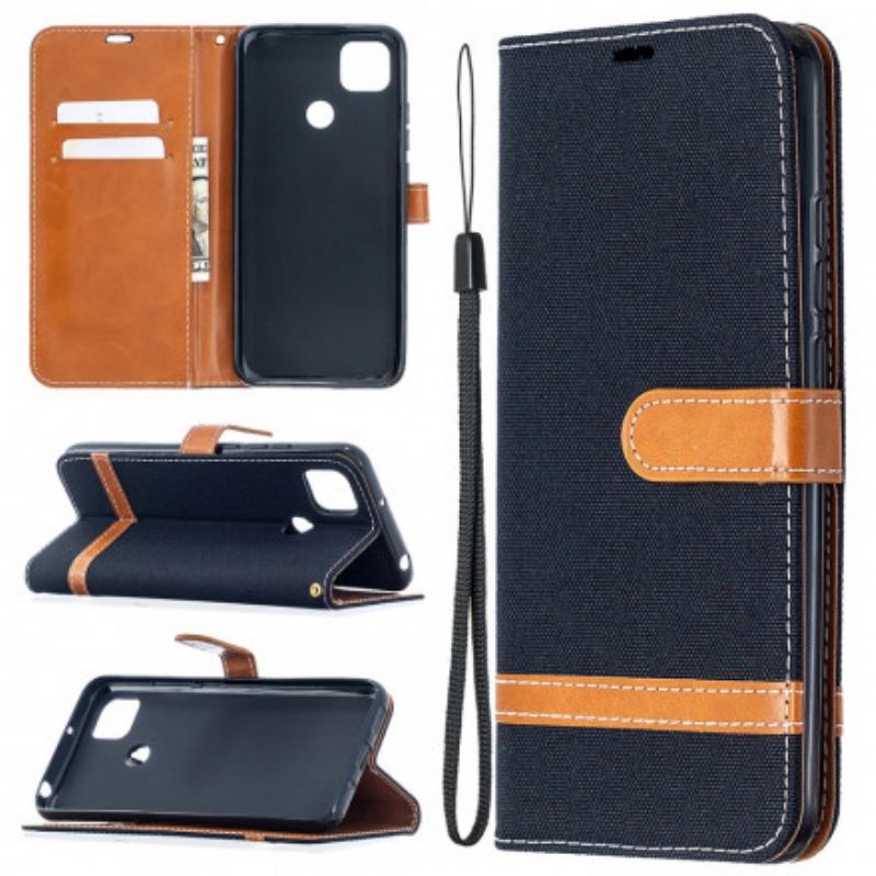 Capa Flip Para Xiaomi Redmi 9C De Cordão Correia Efeito Tecido E Couro