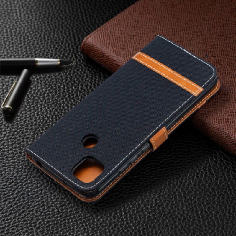 Capa Flip Para Xiaomi Redmi 9C De Cordão Correia Efeito Tecido E Couro