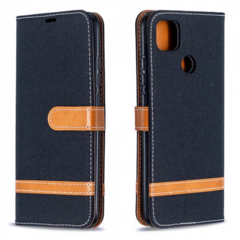 Capa Flip Para Xiaomi Redmi 9C De Cordão Correia Efeito Tecido E Couro