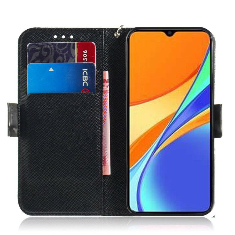 Capa Flip Para Xiaomi Redmi 9C De Cordão Gato Cinzento Com Alça