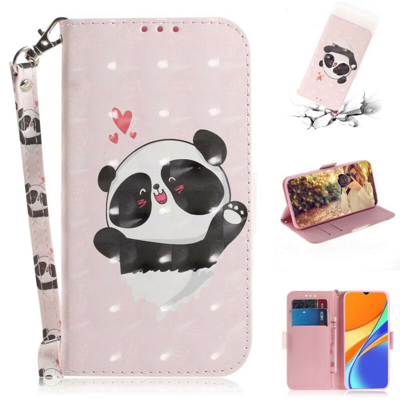 Capa Flip Para Xiaomi Redmi 9C De Cordão Panda Love Com Cordão