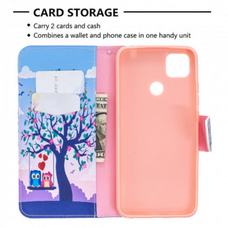 Capa Flip Para Xiaomi Redmi 9C Corujas No Balanço