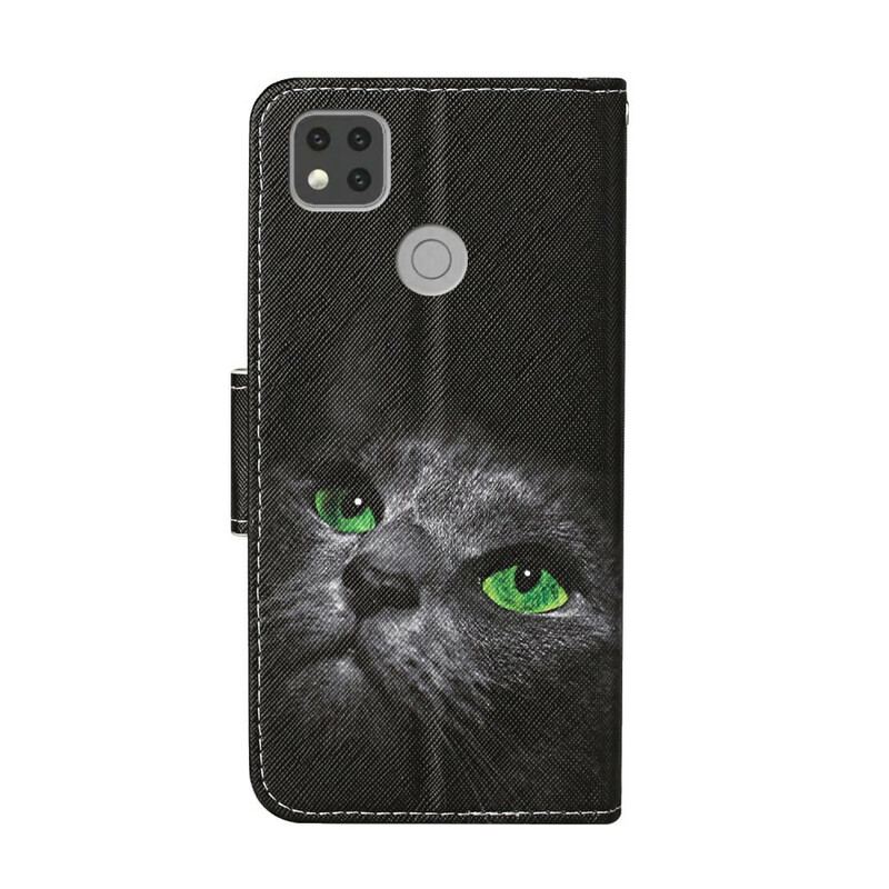 Capa Flip Para Xiaomi Redmi 9C Gato Preto Olhos Verdes