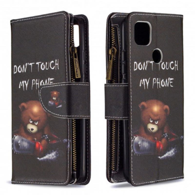 Capa Flip Para Xiaomi Redmi 9C Urso De Bolso Com Zíper