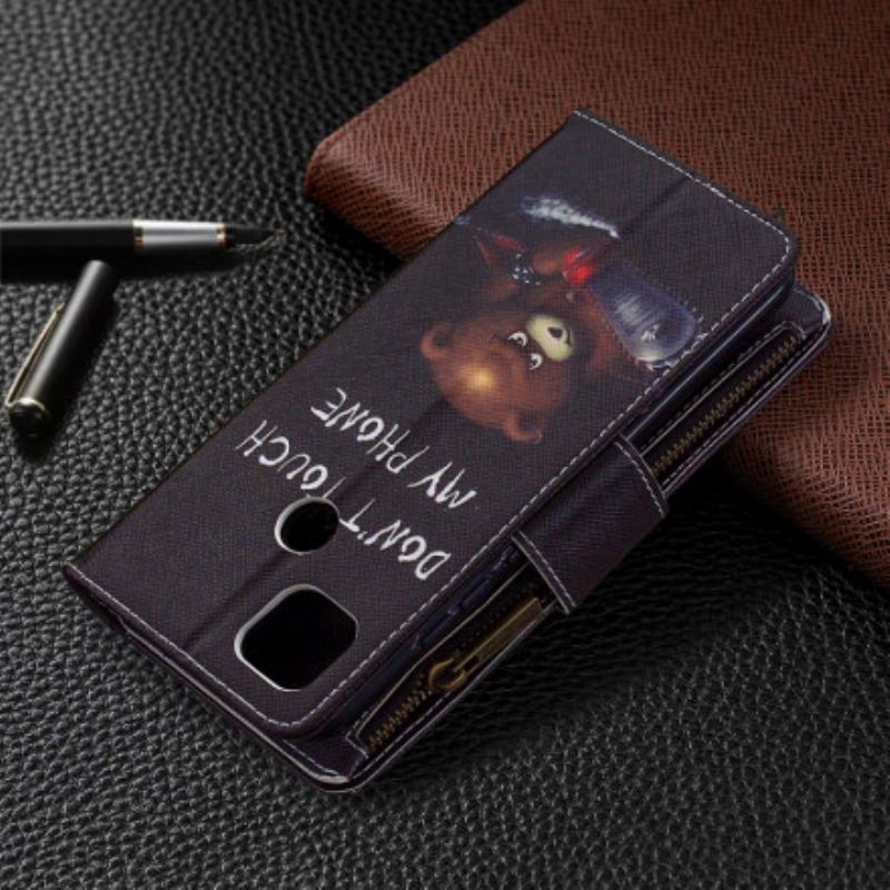 Capa Flip Para Xiaomi Redmi 9C Urso De Bolso Com Zíper