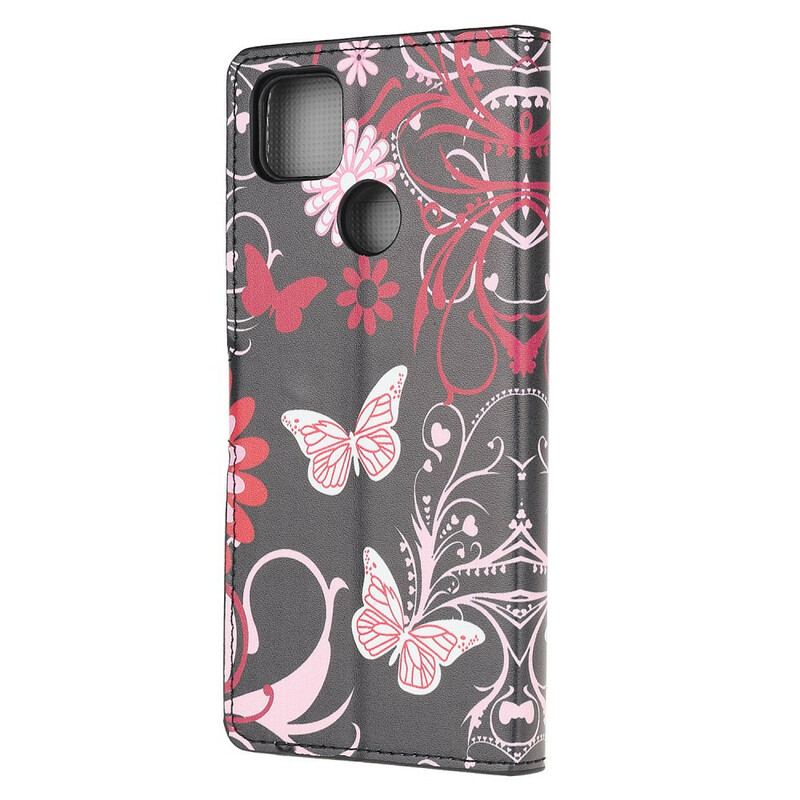 Capa Folio Para Xiaomi Redmi 9C Borboletas E Flores