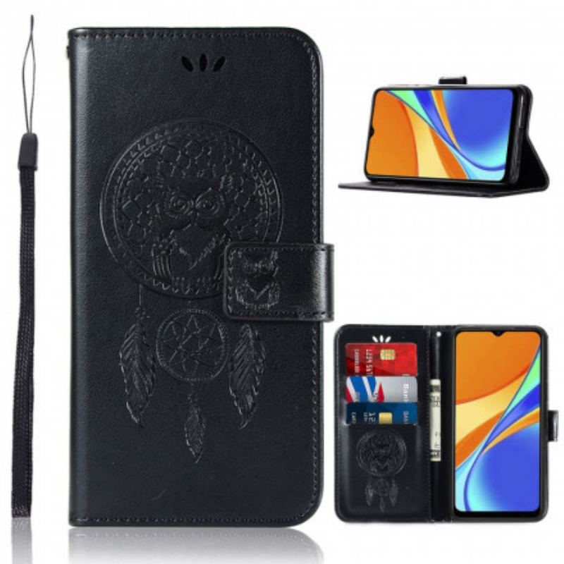 Capa Folio Para Xiaomi Redmi 9C Coruja Apanhador De Sonhos Efeito Couro