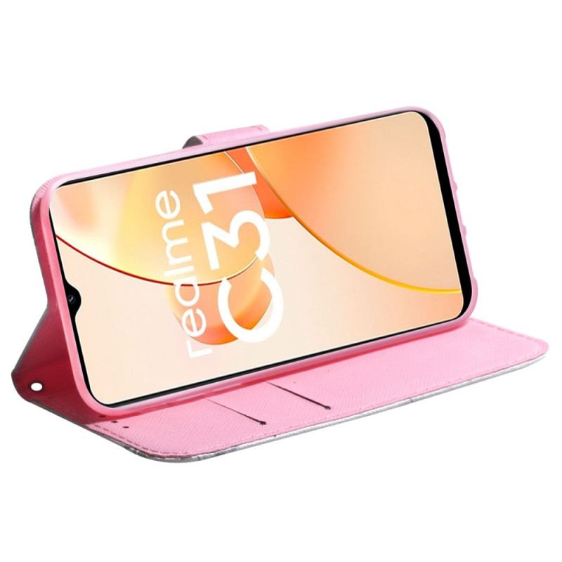 Capa Flip Para Realme C31 Flor Rosa