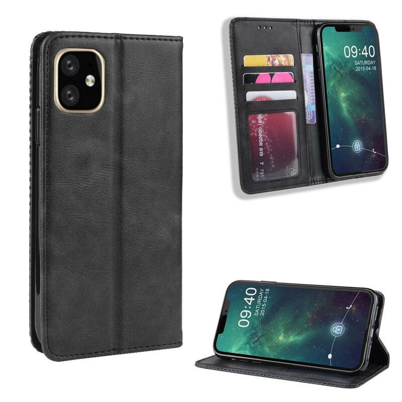 Capa De Celular Para iPhone 11 Pro Max Flip Efeito Couro Vintage Estilizado