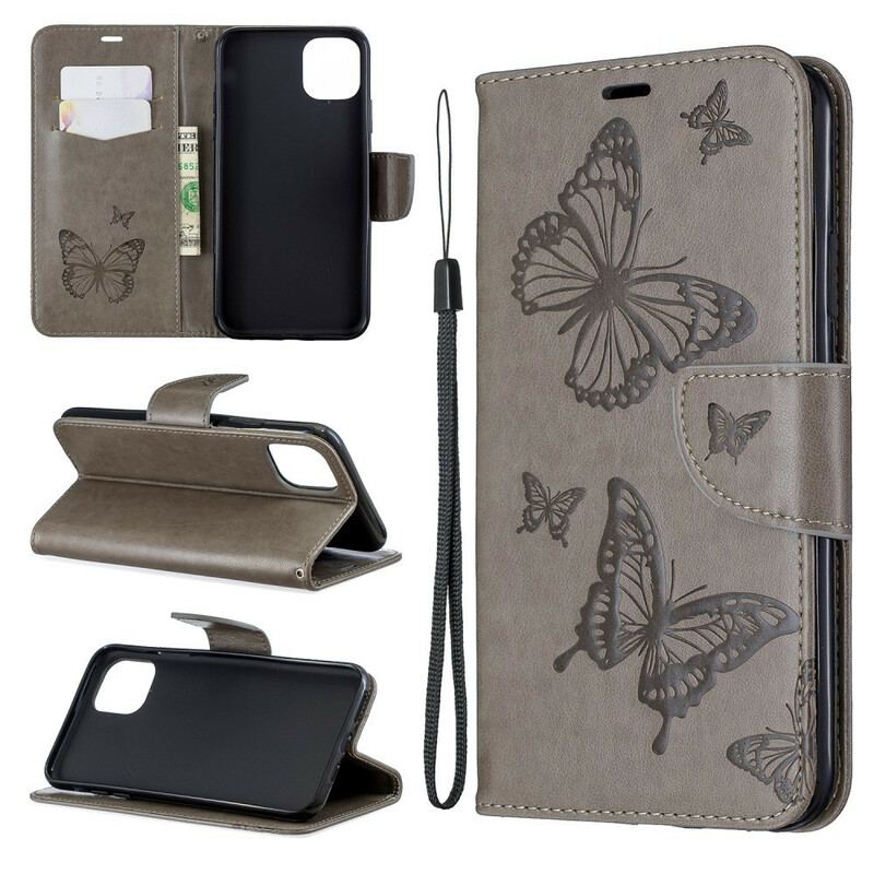 Capa Flip Para iPhone 11 Pro Max De Cordão Strappy Estampado Borboletas