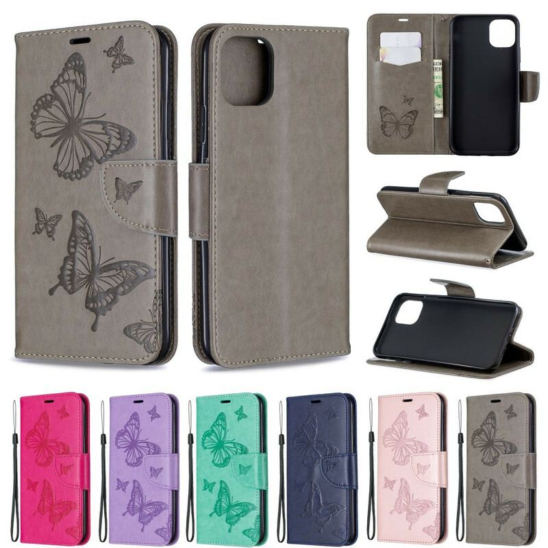 Capa Flip Para iPhone 11 Pro Max De Cordão Strappy Estampado Borboletas