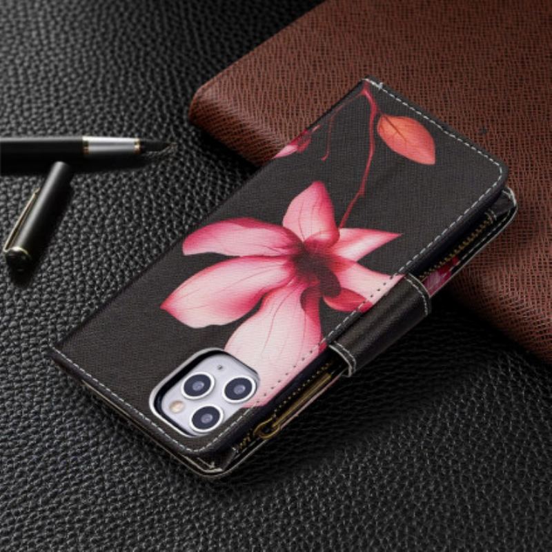 Capa Folio Para iPhone 11 Pro Max Bolso Com Zíper Flor