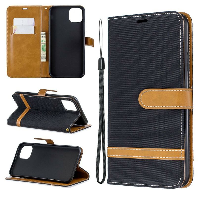 Capa Folio Para iPhone 11 Pro Max De Cordão Correia Efeito Tecido E Couro