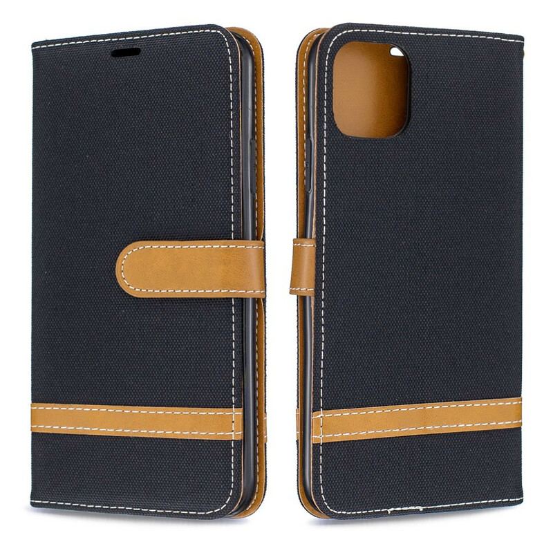 Capa Folio Para iPhone 11 Pro Max De Cordão Correia Efeito Tecido E Couro