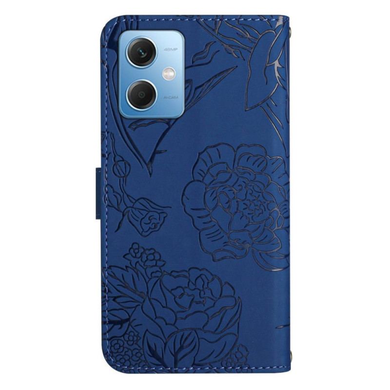 Capa De Couro Para Xiaomi Redmi Note 12 5G Borboletas E Alça De Ombro