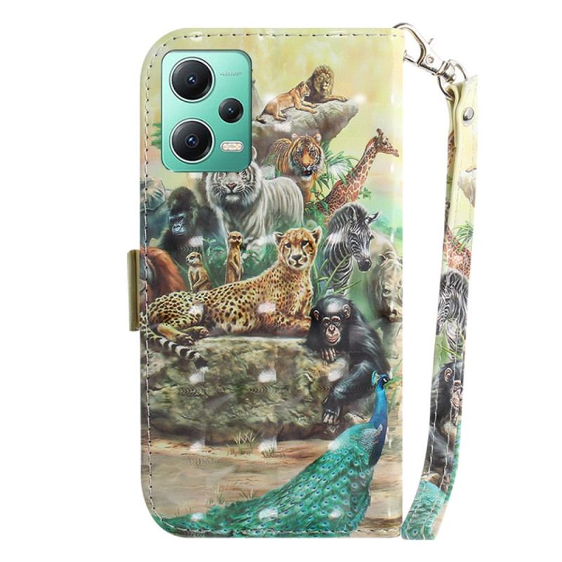 Capa De Couro Para Xiaomi Redmi Note 12 5G De Cordão Animais De Safári Tanga