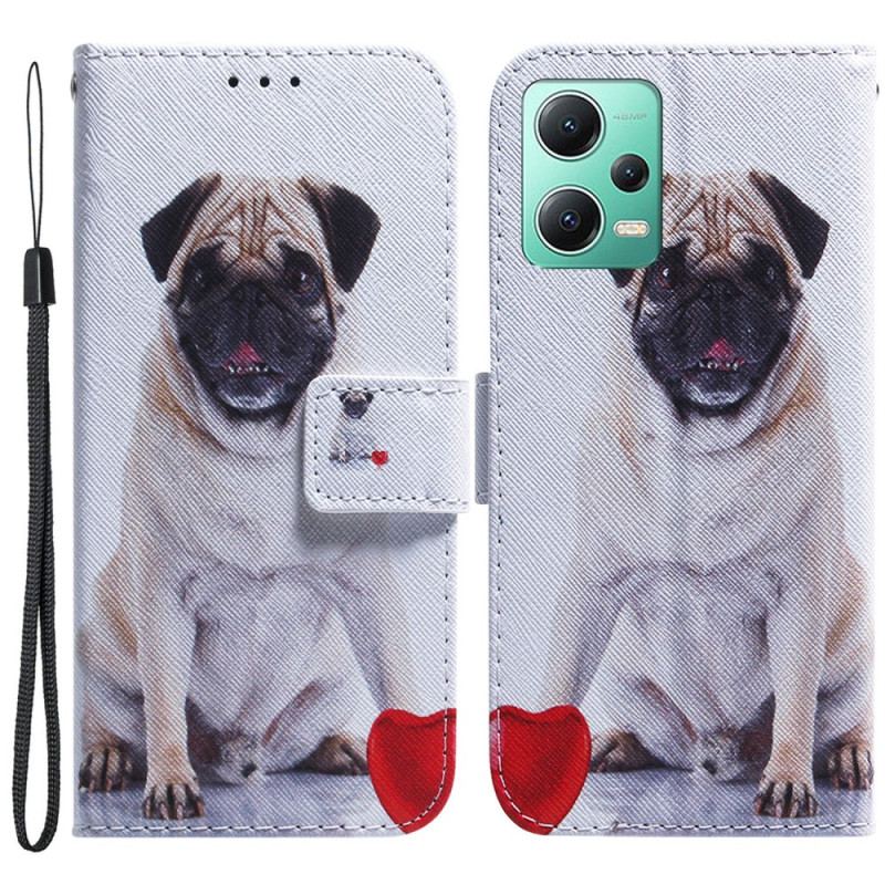 Capa De Couro Para Xiaomi Redmi Note 12 5G De Cordão Cão Pug Com Cordão