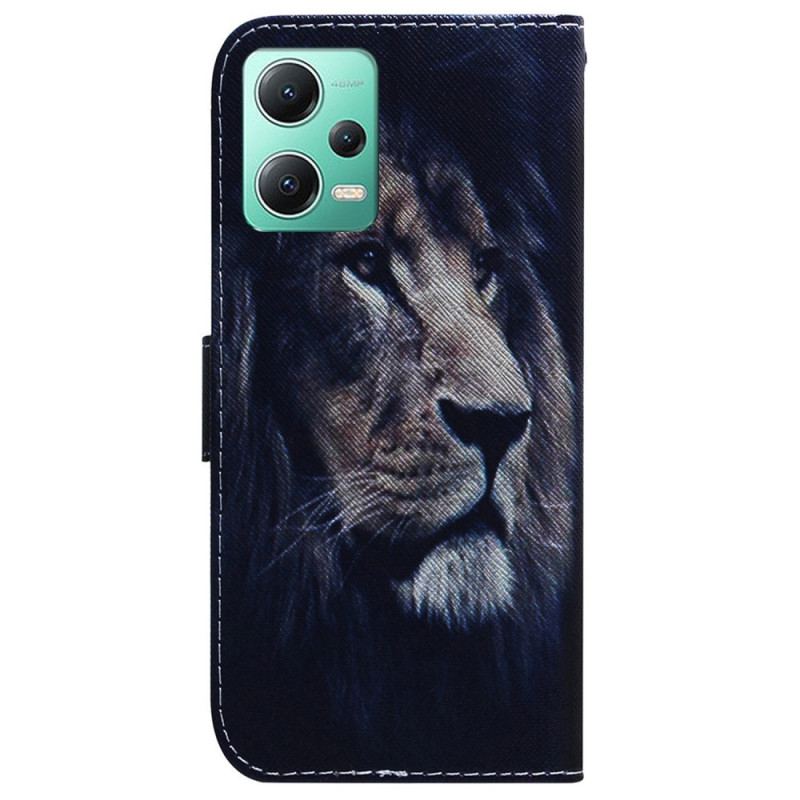 Capa De Couro Para Xiaomi Redmi Note 12 5G De Cordão Leão Sonhador Com Alça