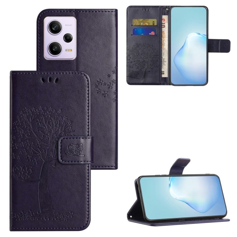 Capa De Couro Para Xiaomi Redmi Note 12 5G De Cordão Tanga E Corujas