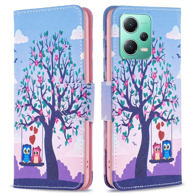 Capa De Couro Para Xiaomi Redmi Note 12 5G Corujas No Balanço