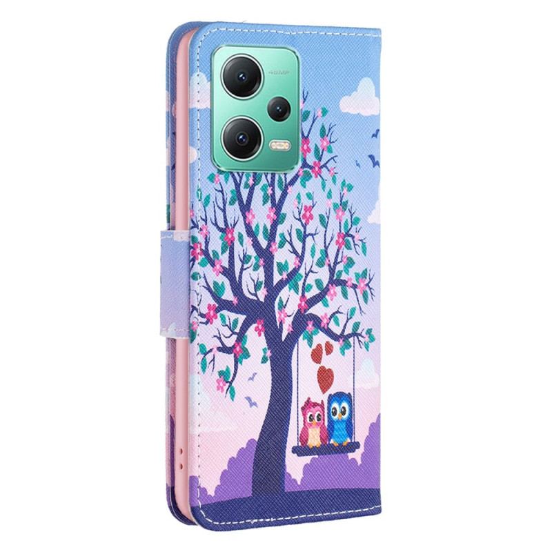 Capa De Couro Para Xiaomi Redmi Note 12 5G Corujas No Balanço