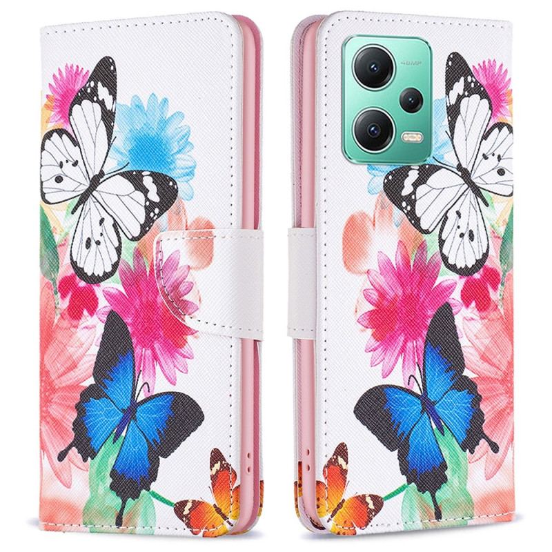 Capa Flip Para Xiaomi Redmi Note 12 5G Aquarela Borboletas