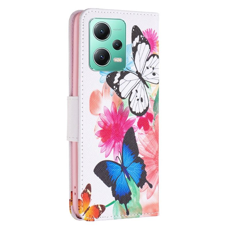 Capa Flip Para Xiaomi Redmi Note 12 5G Aquarela Borboletas