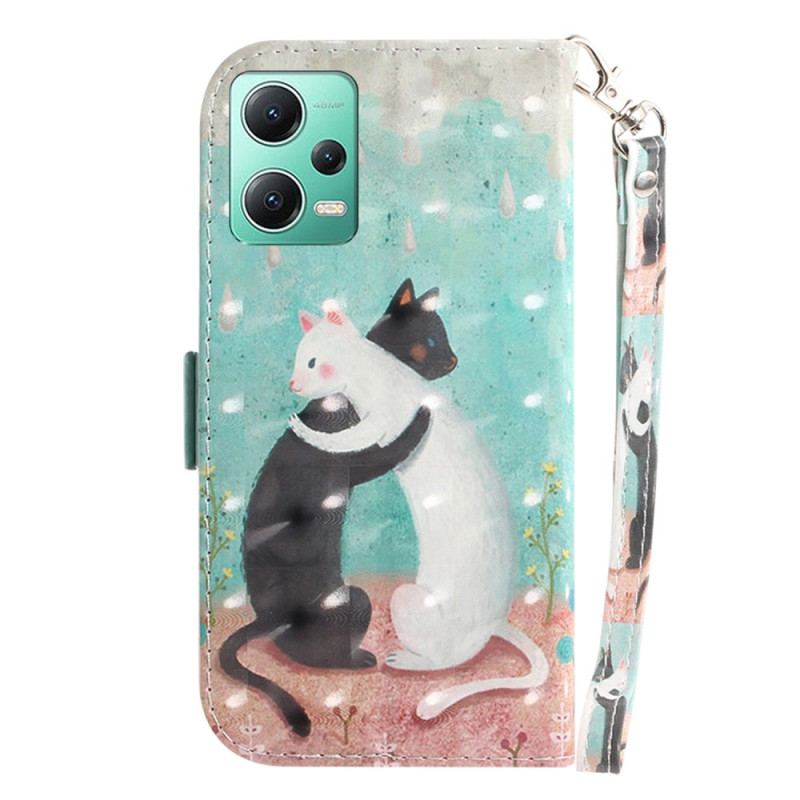 Capa Flip Para Xiaomi Redmi Note 12 5G De Cordão Gato Branco Gato Preto Com Alça