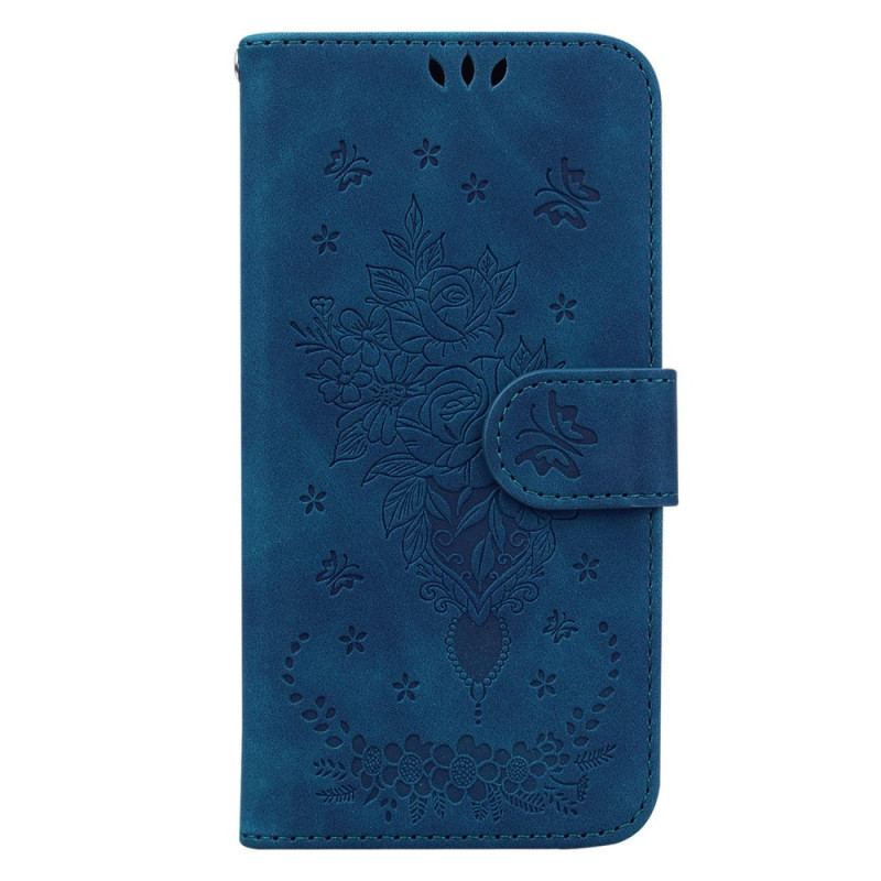 Capa Flip Para Xiaomi Redmi Note 12 5G De Cordão Strappy Rosas E Borboletas