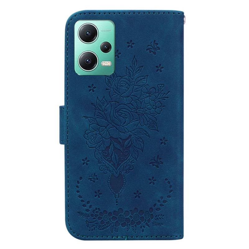 Capa Flip Para Xiaomi Redmi Note 12 5G De Cordão Strappy Rosas E Borboletas