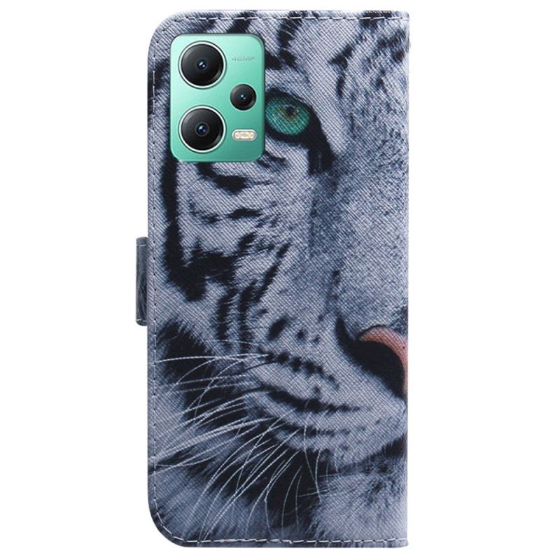 Capa Flip Para Xiaomi Redmi Note 12 5G De Cordão Tira Tigre Branco