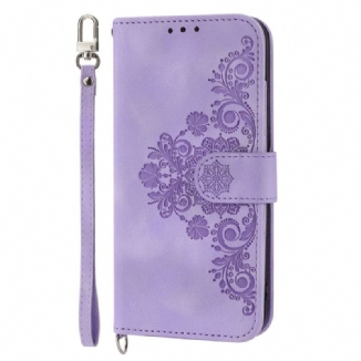 Capa Flip Para Xiaomi Redmi Note 12 5G Floral Com Alça E Alça De Ombro