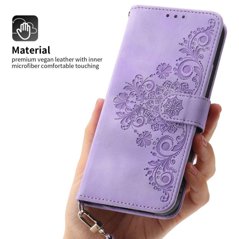 Capa Flip Para Xiaomi Redmi Note 12 5G Floral Com Alça E Alça De Ombro