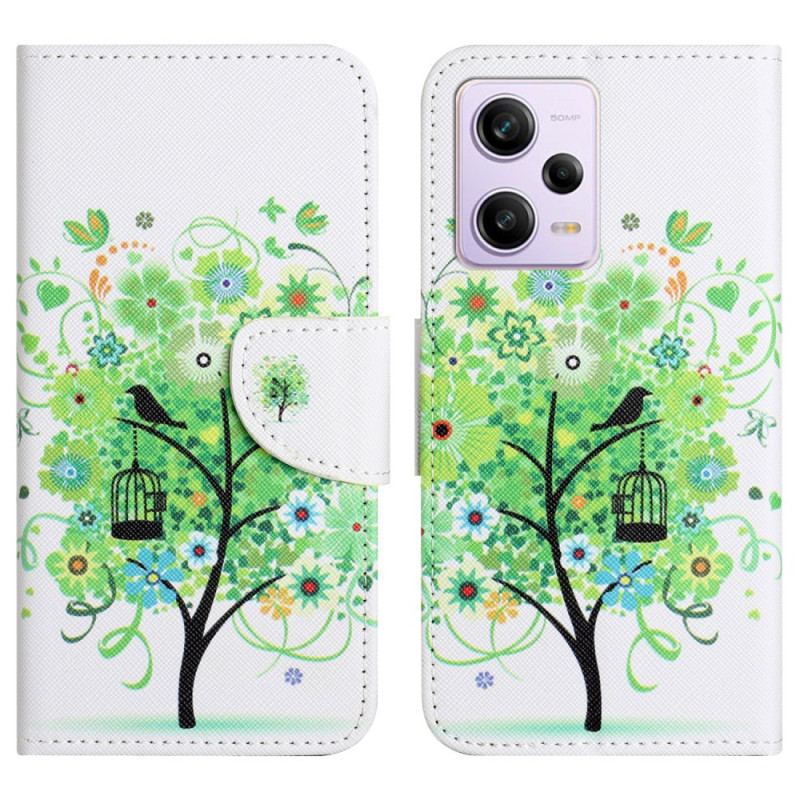 Capa Folio Para Xiaomi Redmi Note 12 5G De Cordão Árvore De Folhagem Verde