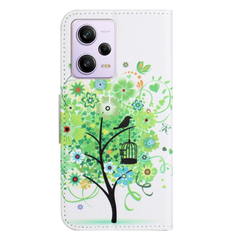 Capa Folio Para Xiaomi Redmi Note 12 5G De Cordão Árvore De Folhagem Verde