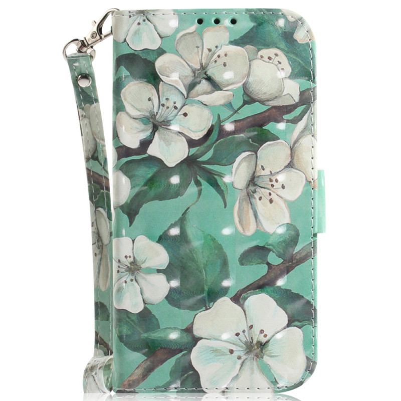 Capa Folio Para Xiaomi Redmi Note 12 5G De Cordão Flores Brancas Com Tiras