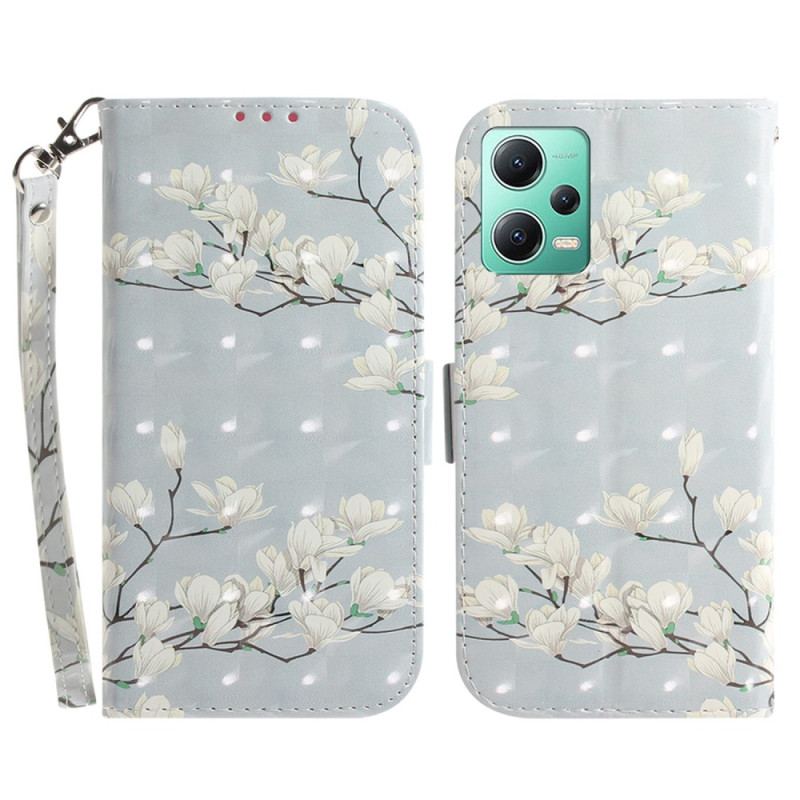 Capa Folio Para Xiaomi Redmi Note 12 5G De Cordão Flores Brancas Com Tiras