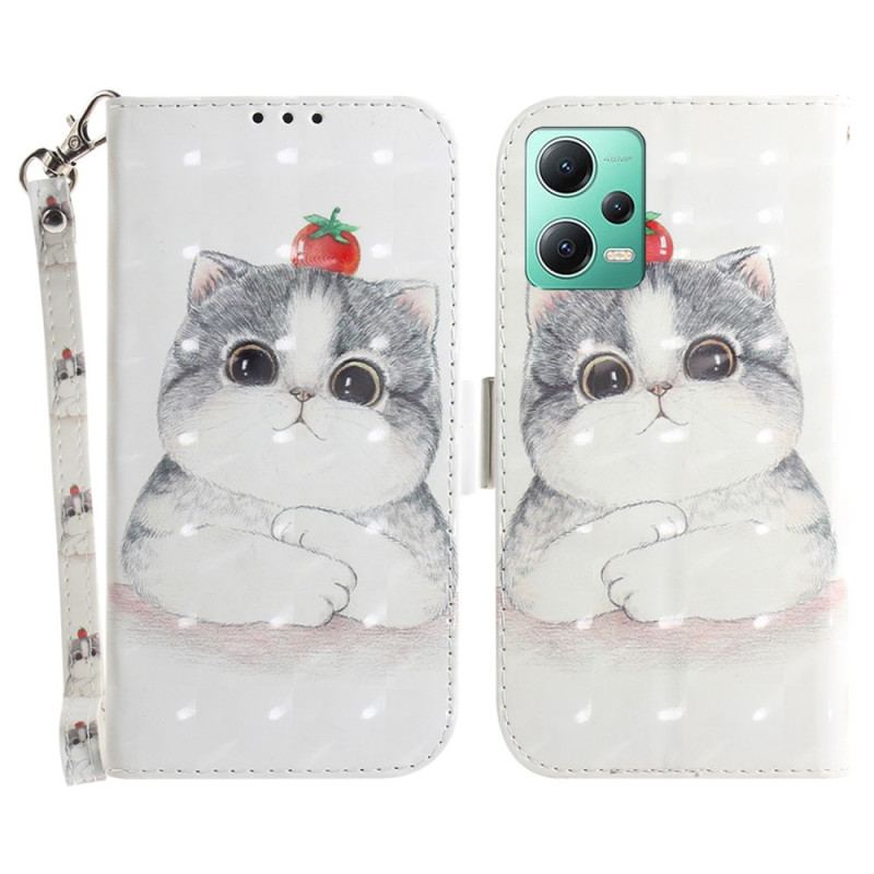 Capa Folio Para Xiaomi Redmi Note 12 5G De Cordão Gato Cinzento Com Alça