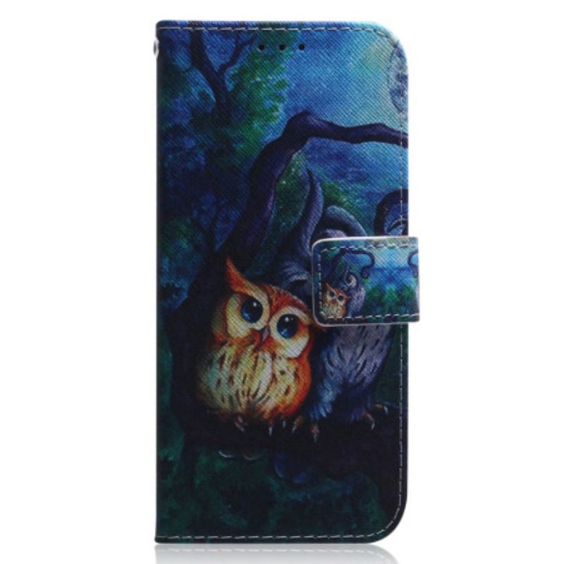 Capa Folio Para Xiaomi Redmi Note 12 5G De Cordão Pintura De Corujas Strappy