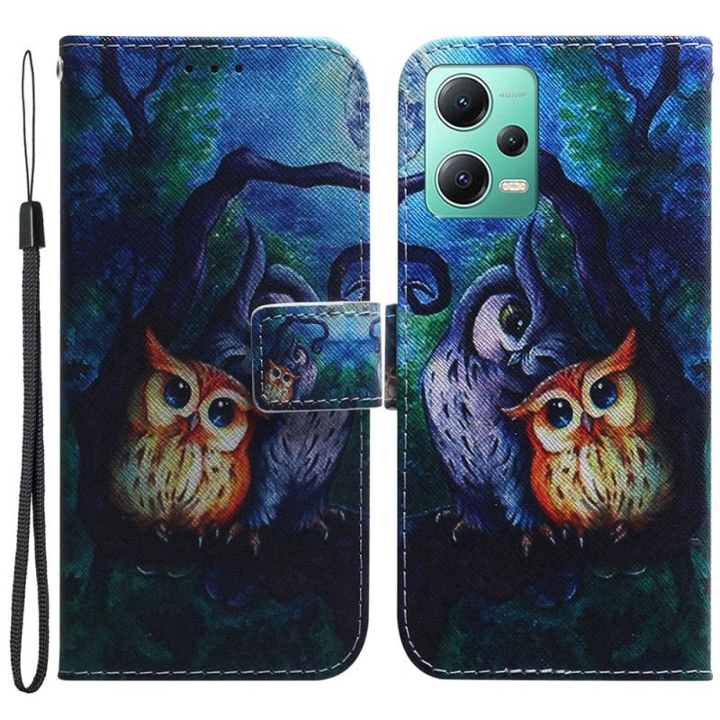 Capa Folio Para Xiaomi Redmi Note 12 5G De Cordão Pintura De Corujas Strappy