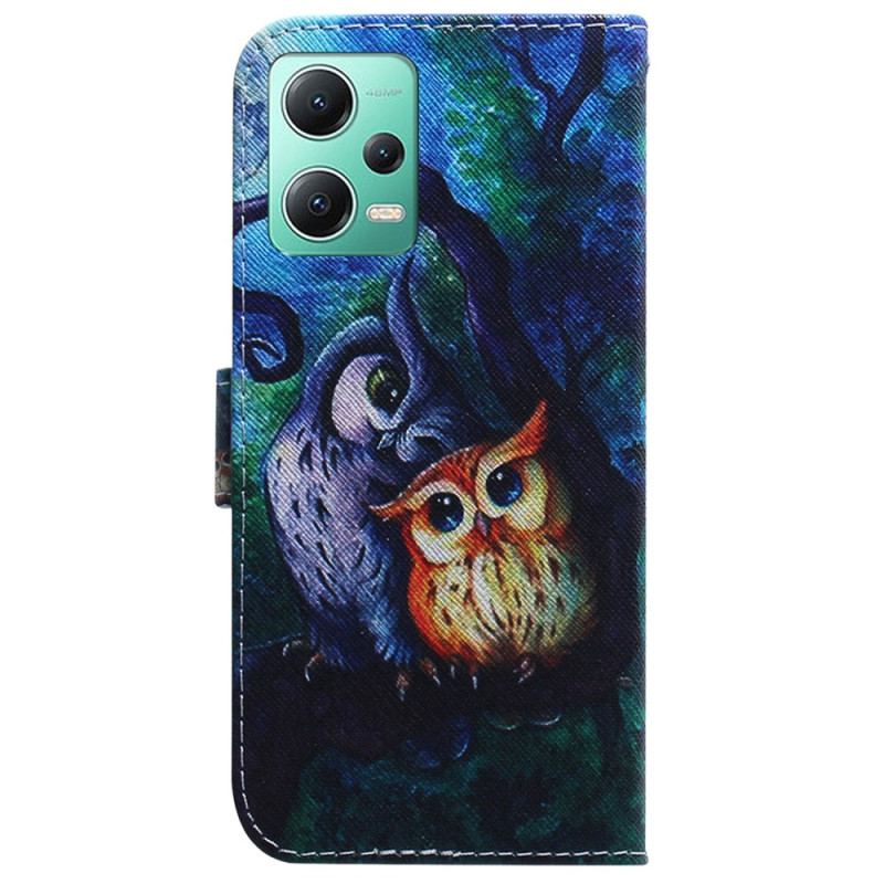 Capa Folio Para Xiaomi Redmi Note 12 5G De Cordão Pintura De Corujas Strappy