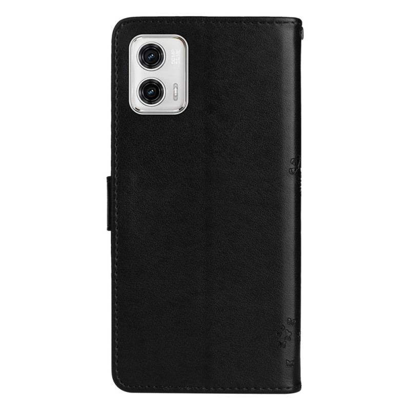 Capa De Couro Para Moto G73 5G De Cordão Árvore E Gato Strappy