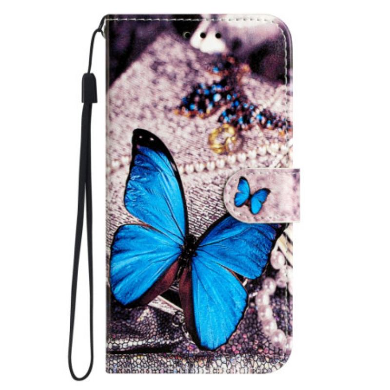 Capa De Couro Para Moto G73 5G De Cordão Borboleta Azul Preciosa Com Alça