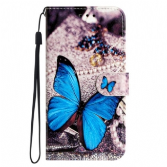 Capa De Couro Para Moto G73 5G De Cordão Borboleta Azul Preciosa Com Alça