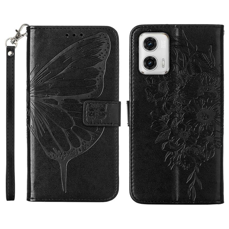 Capa De Couro Para Moto G73 5G De Cordão Borboleta Floral Com Tiras